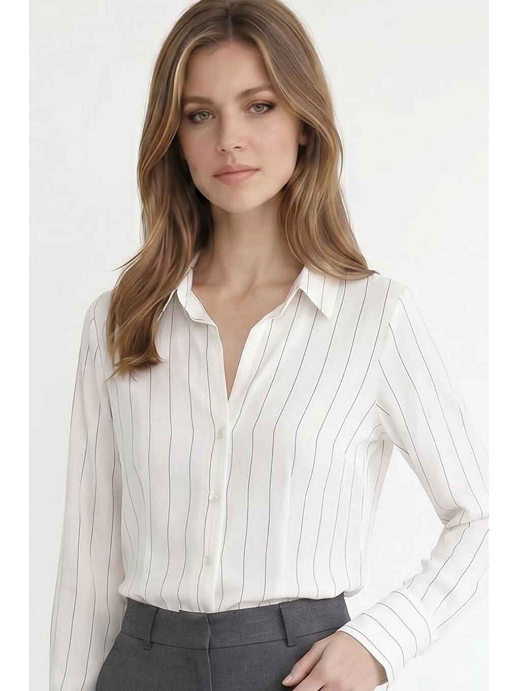 Kadın Slim Fit Dar Kesim Çizgili Viskon Yumuşak Dokulu Uzun Kollu Pensli Ekru Gömlek-2