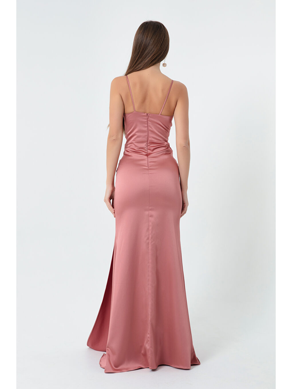Pembe Kadın Somon Askılı Uzun Saten Abiye Elbise & Mezuniyet Elbisesi-4
