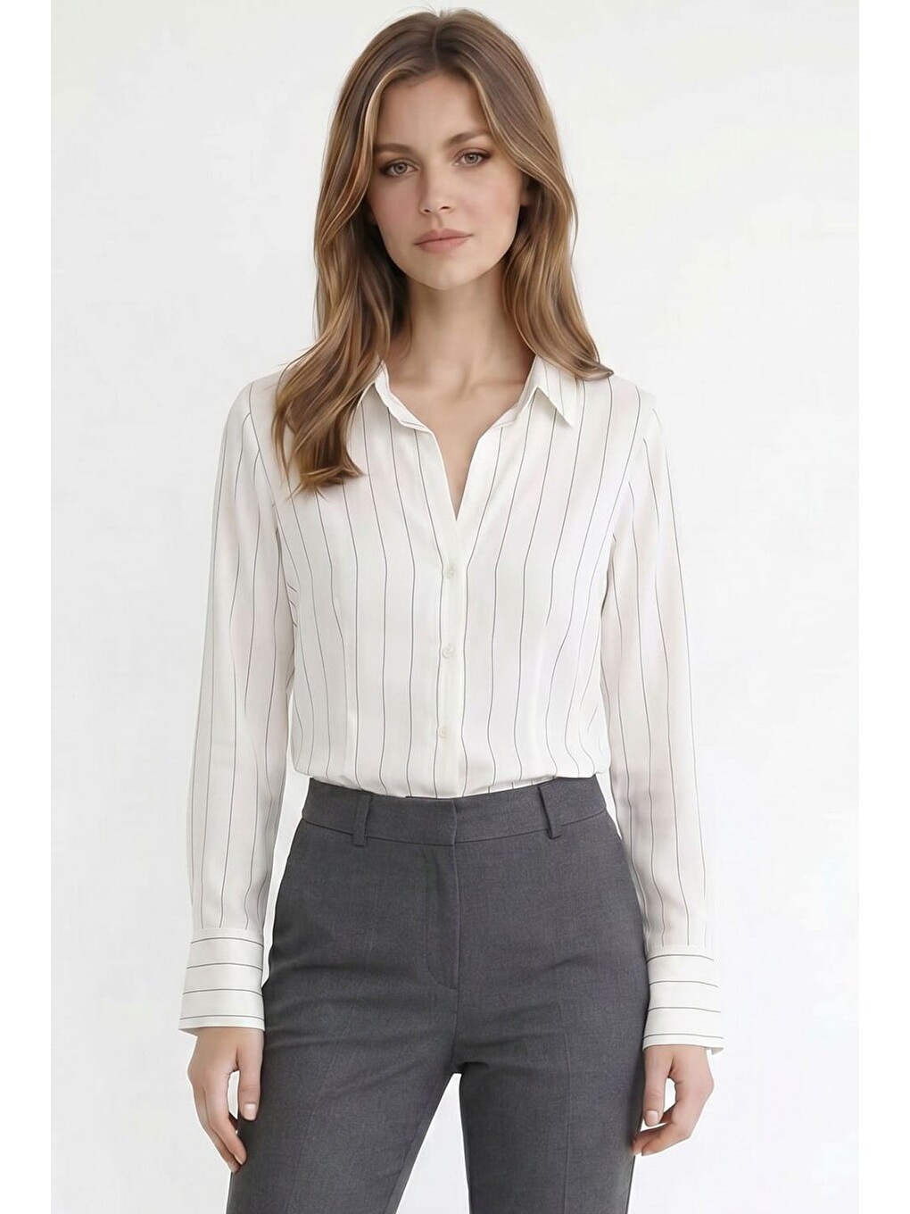 Kadın Slim Fit Dar Kesim Çizgili Viskon Yumuşak Dokulu Uzun Kollu Pensli Ekru Gömlek-3