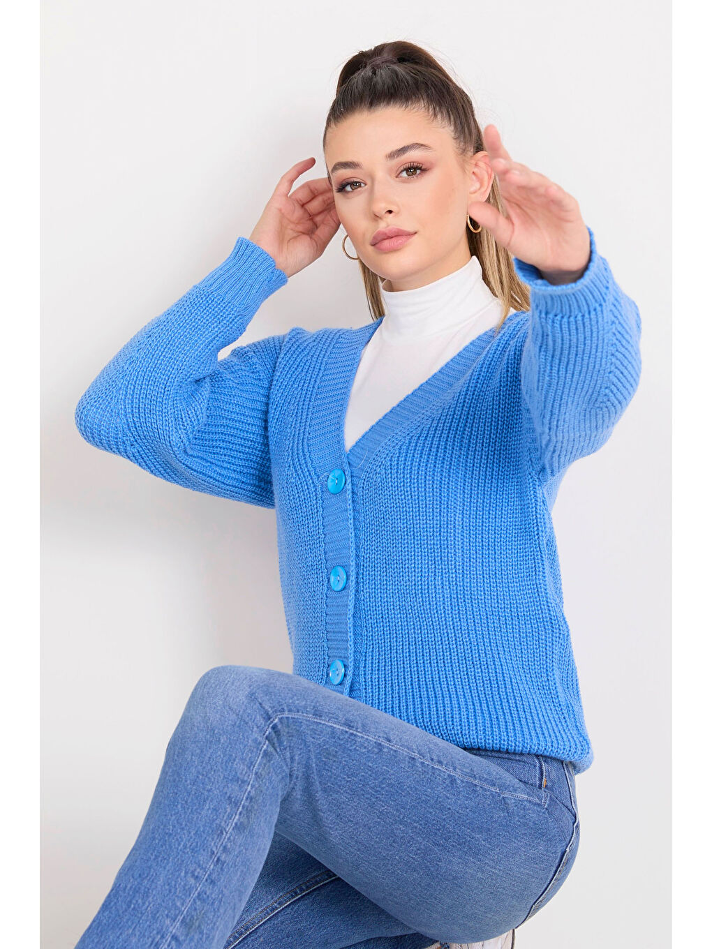 Düğmeli Triko Hırka Mavi - 27651-3