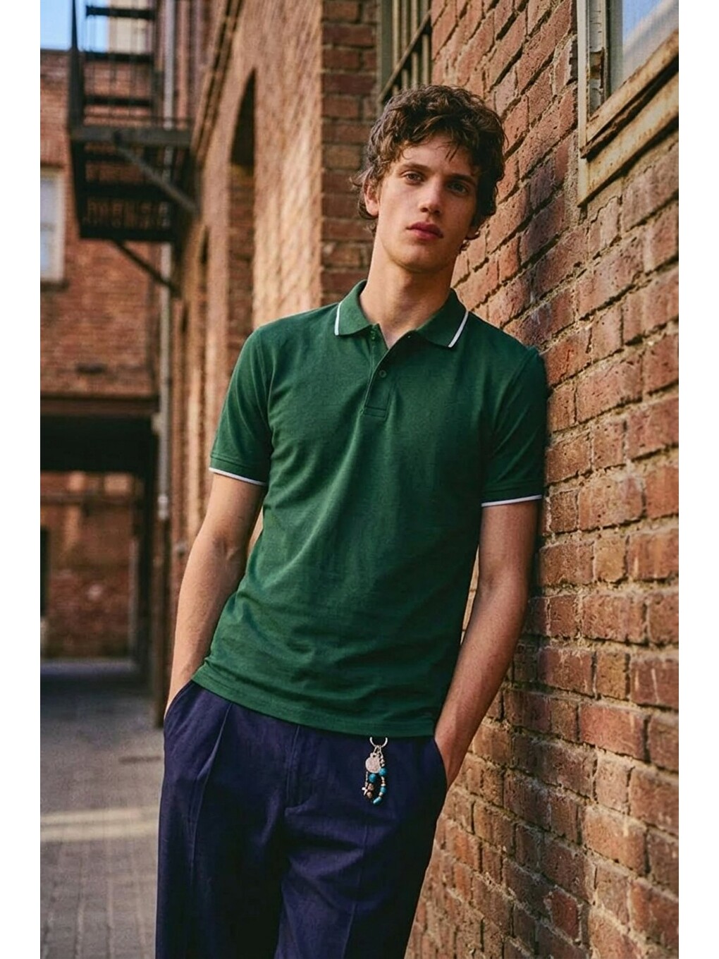 Erkek Düğmeli Fashion Haki  Polo Yaka Tişört-1