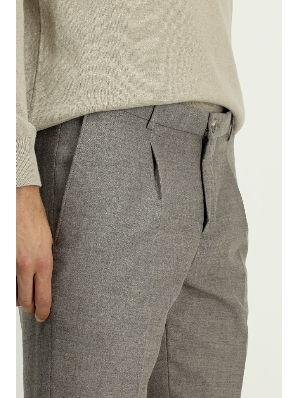 Bej Slim Fit Dar Kesim Elastanlı Pileli Klasik Kumaş Pantolon-4