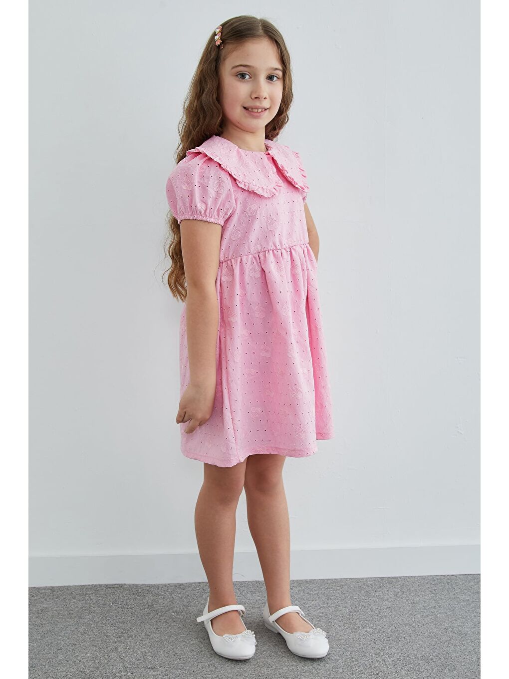 Pembe Kiraz Nakışlı Brode Detaylı Bebe Yaka Kız Çocuk Elbise-4