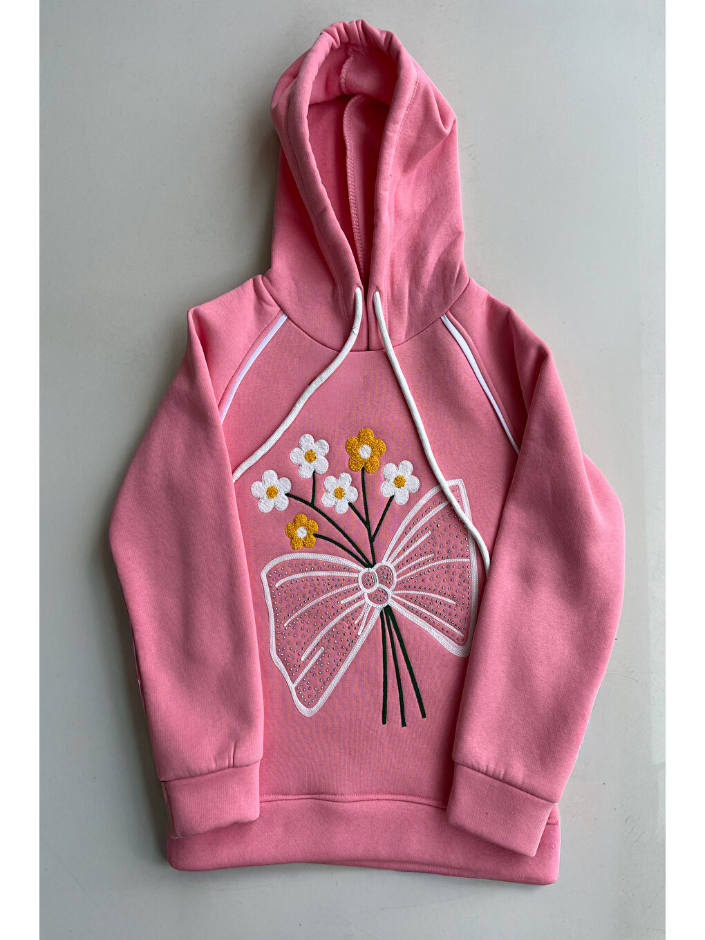 Pembe Kız Çocuk 3 iplik Kapüşonlu Nakış ve Taş Baskılı Paça Sıkma Aparatlı Alt-Üst Takım 12310-1