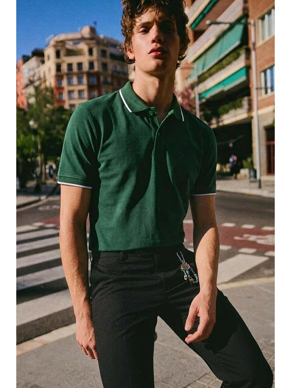 Erkek Düğmeli Fashion Haki  Polo Yaka Tişört-3