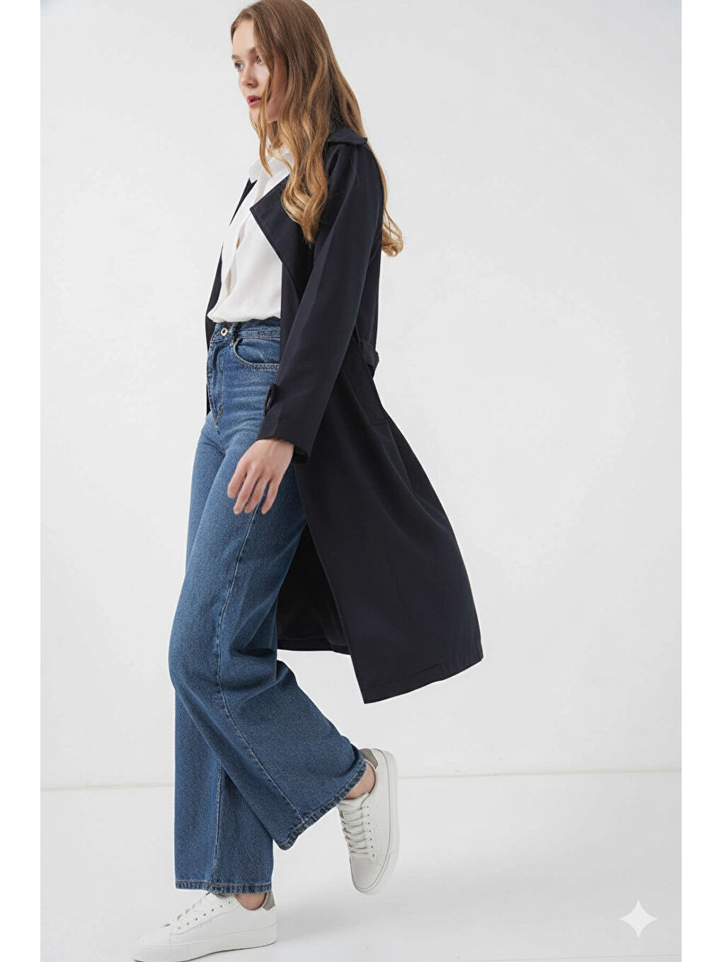 Kadın Lacivert Kruvaze Yaka Kuşaklı Astarlı Trençkot HZL25W-BD159181-2