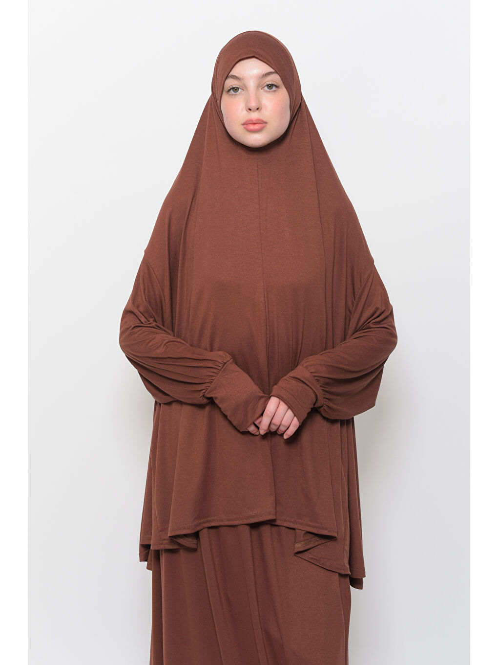 Kahverengi İki Parça Pamuklu Yarasa Kollu Başörtülü Organik Terletmez  Elbise-3