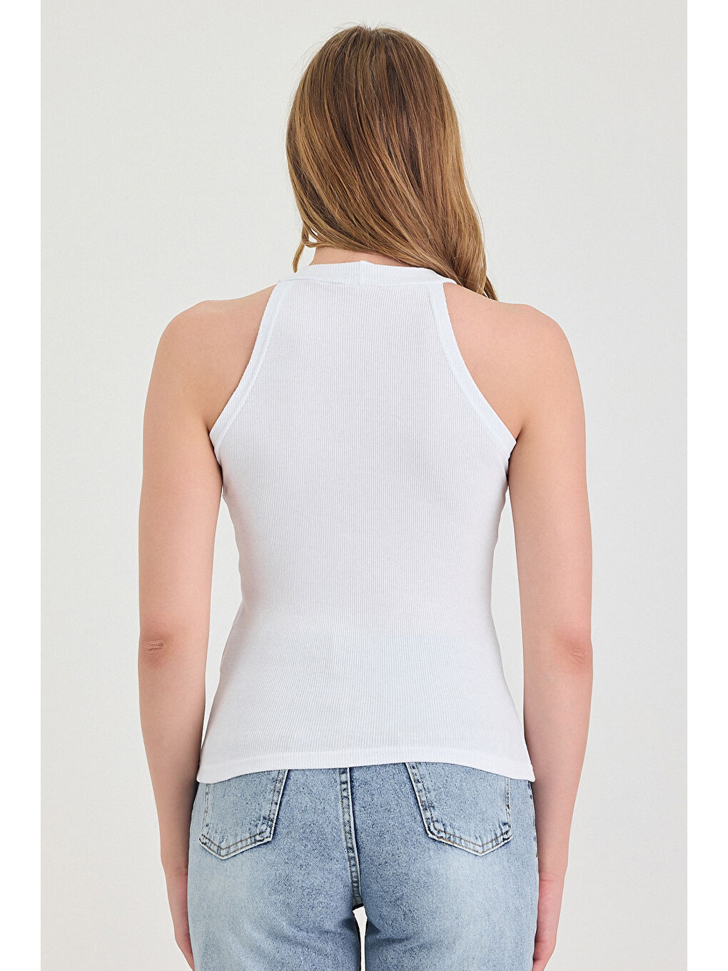 Kadın  Halter Yaka Beyaz Fitilli T-Shirt-4