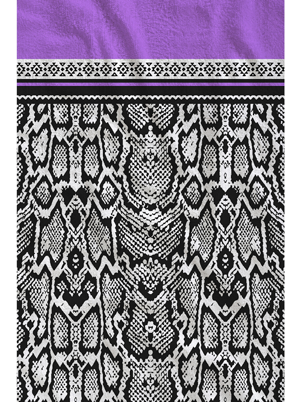 Mor Siyah Beyaz Etnik Bordür Desenli 70x150 Cm Dijital Baskılı Plaj Ve Banyo Havlusu-1