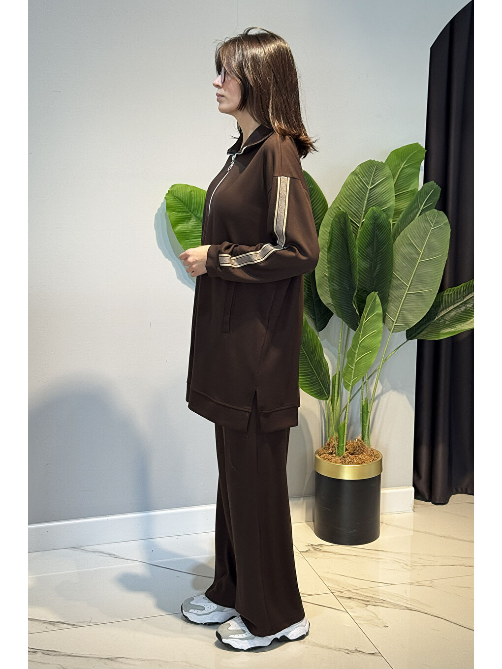 Kolları Şerit Kemer Detay Tunikli Pantolon Takım 2119 Kahverengi-1