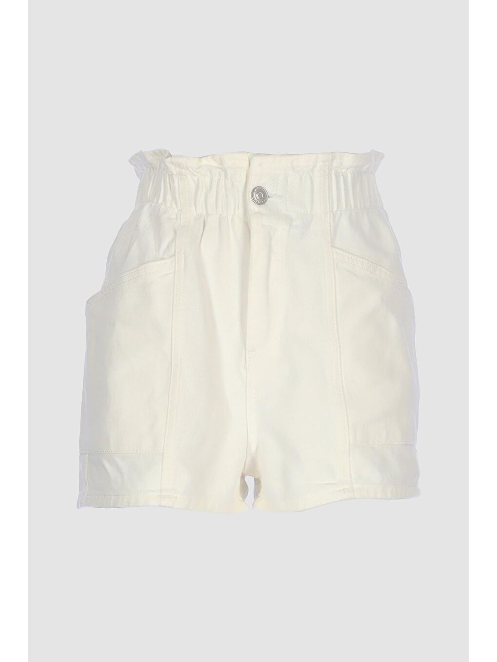 Beyaz Beli Lastikli Yüksek Bel Patı Fermuarlı Jean Şort C 4534-090