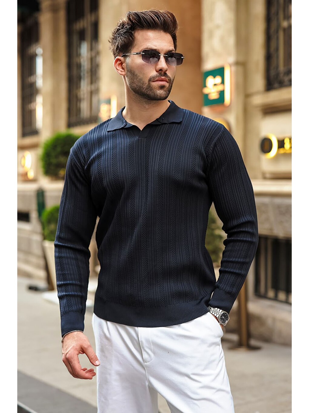 Koyu Lacivert Polo Yaka Desenli Over Fit Erkek Triko Kazak E7517