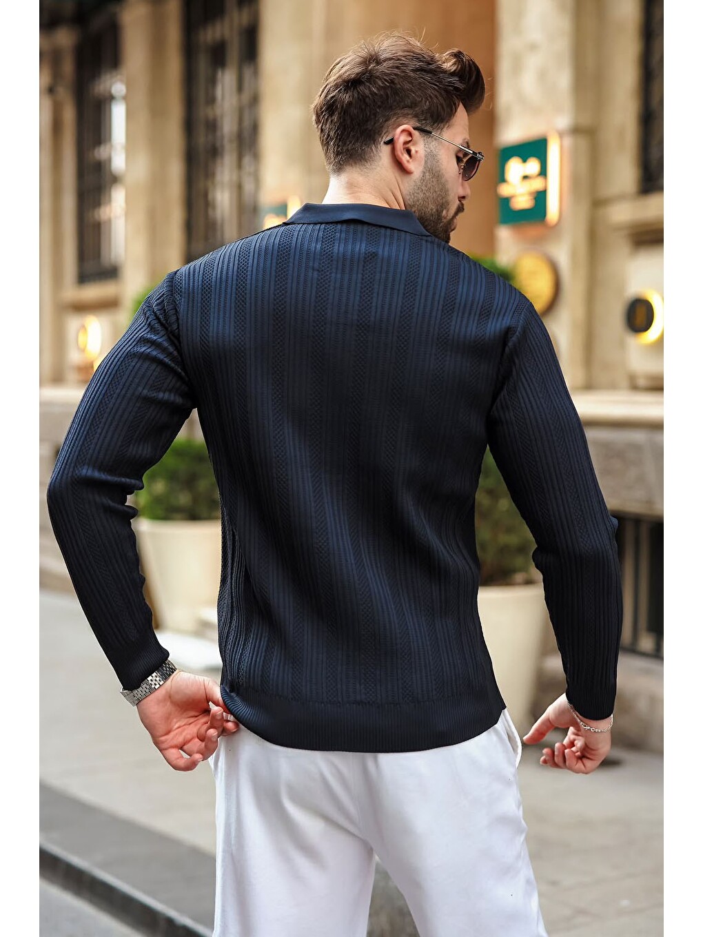 Koyu Lacivert Polo Yaka Desenli Over Fit Erkek Triko Kazak E7517-1