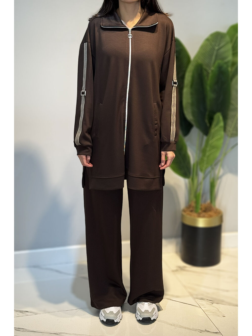 Kolları Şerit Kemer Detay Tunikli Pantolon Takım 2119 Kahverengi-2