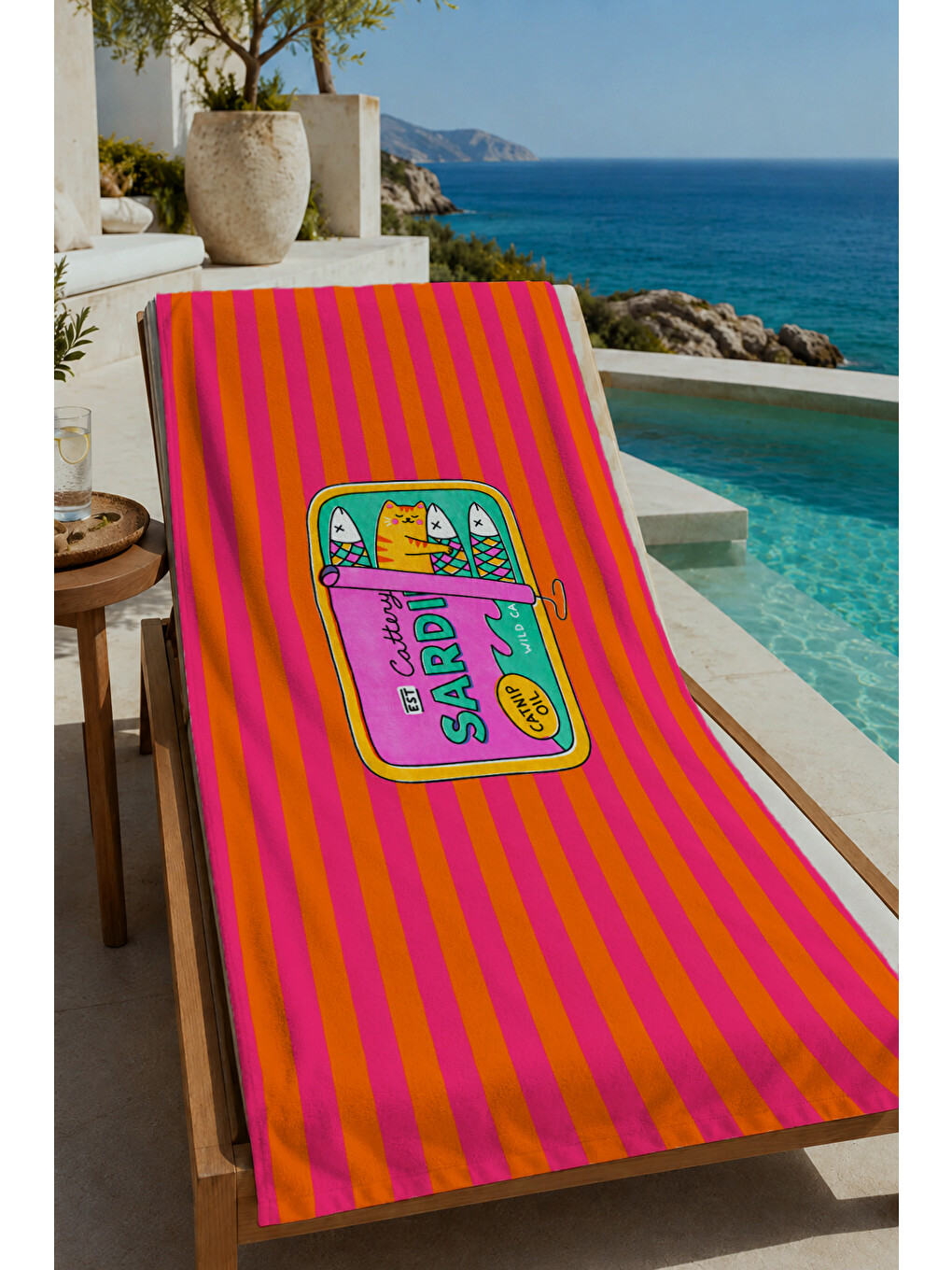 Pembe Turuncu Çizgili Retro Kutu Motifli 70x150 Cm Dijital Baskılı Plaj Ve Banyo Havlusu