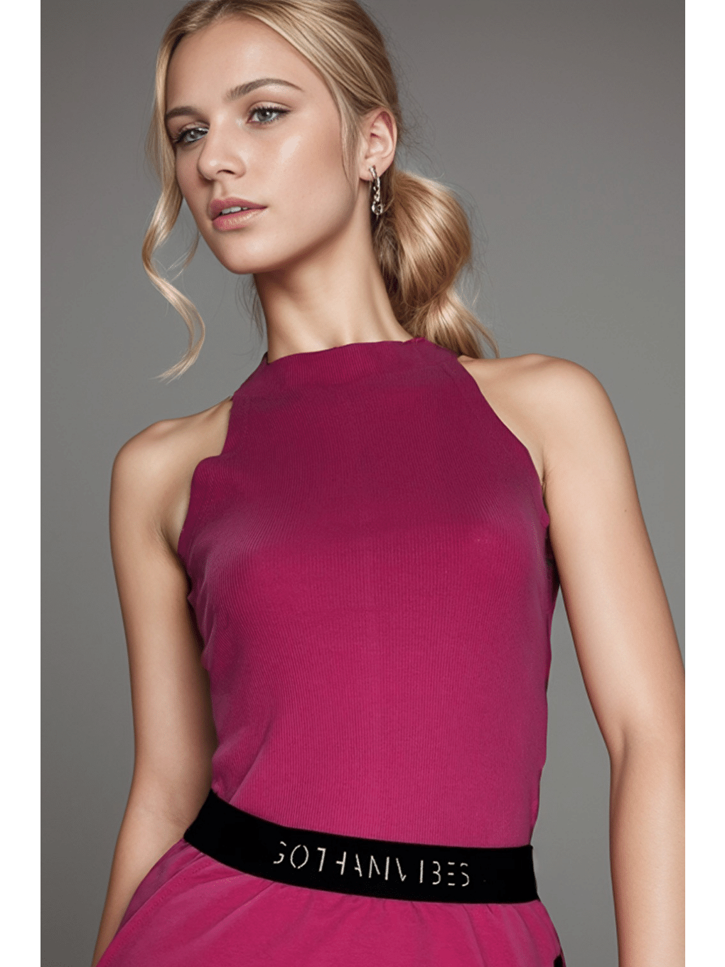 Kadın  Halter Yaka Fuşya Fitilli T-Shirt