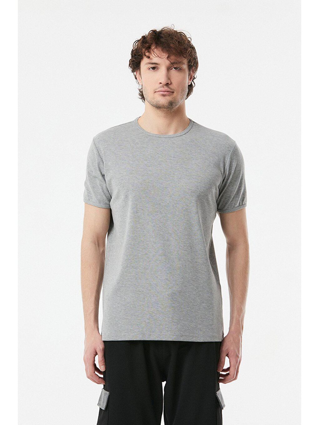 Gri Basic Bisiklet Yaka Tişört-4