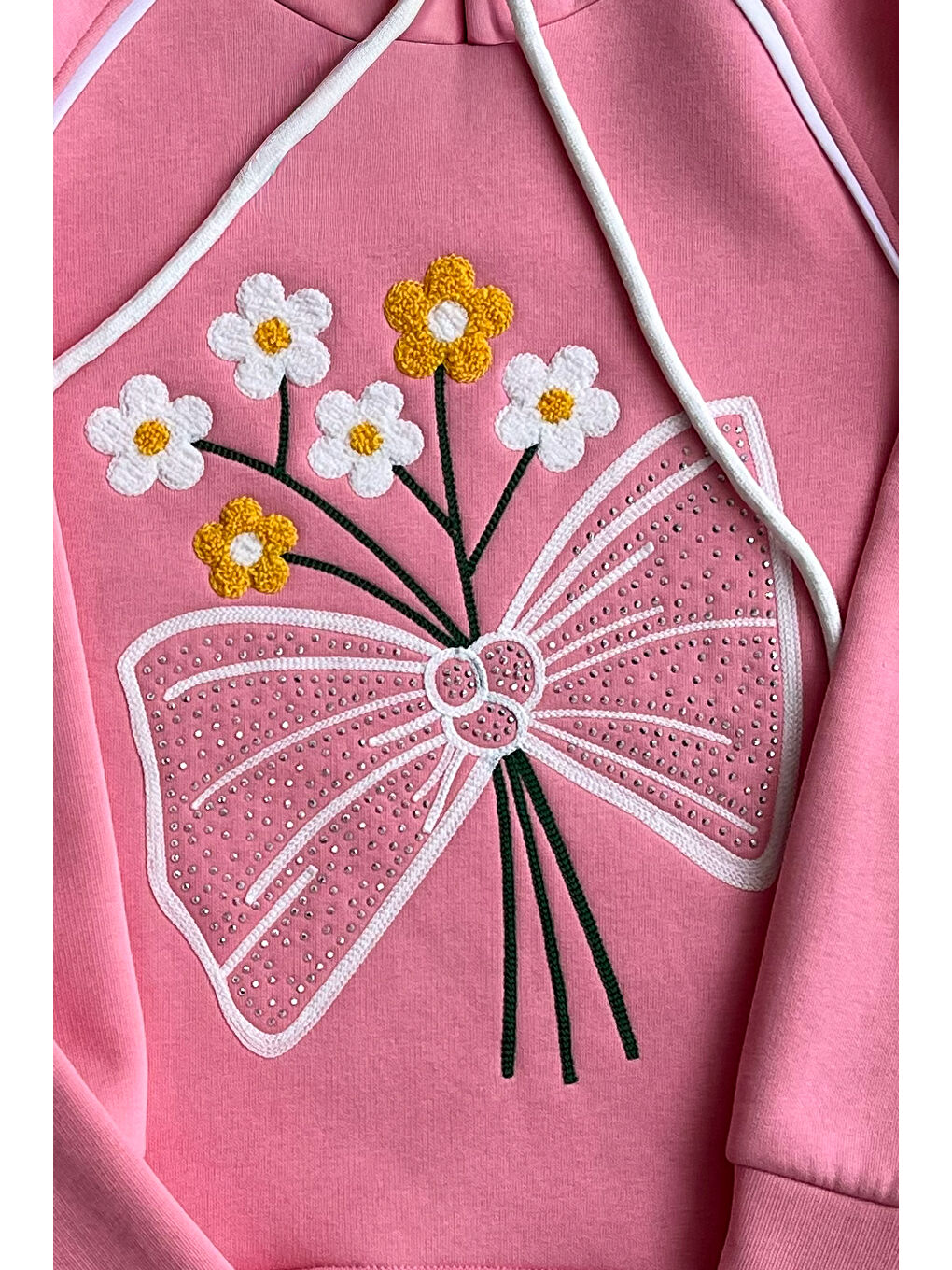 Pembe Kız Çocuk 3 iplik Kapüşonlu Nakış ve Taş Baskılı Paça Sıkma Aparatlı Alt-Üst Takım 12310-3