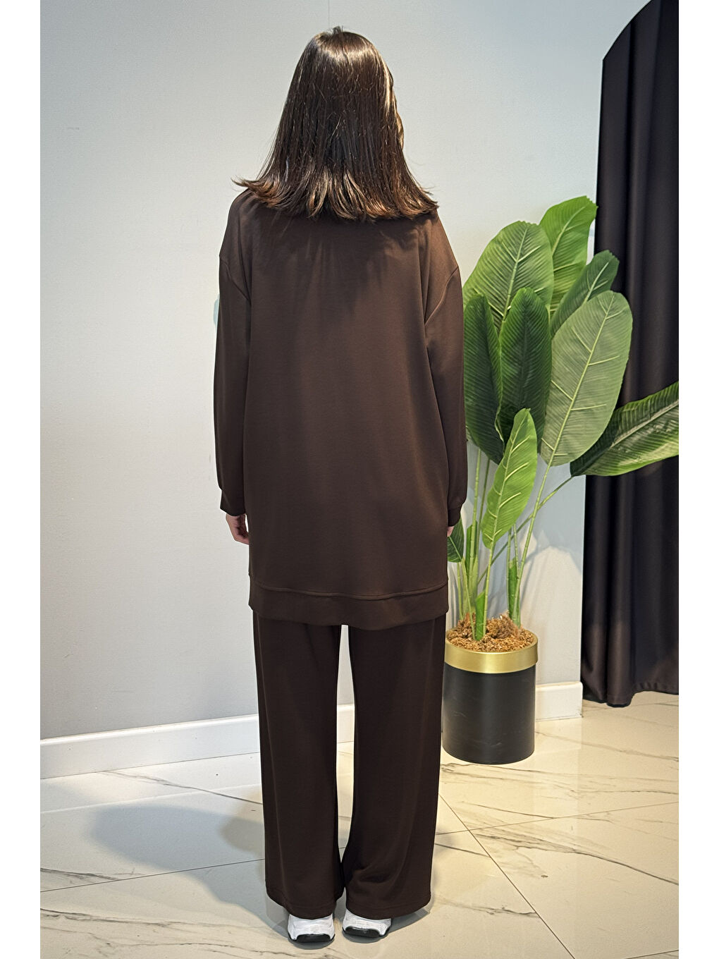 Kolları Şerit Kemer Detay Tunikli Pantolon Takım 2119 Kahverengi-3