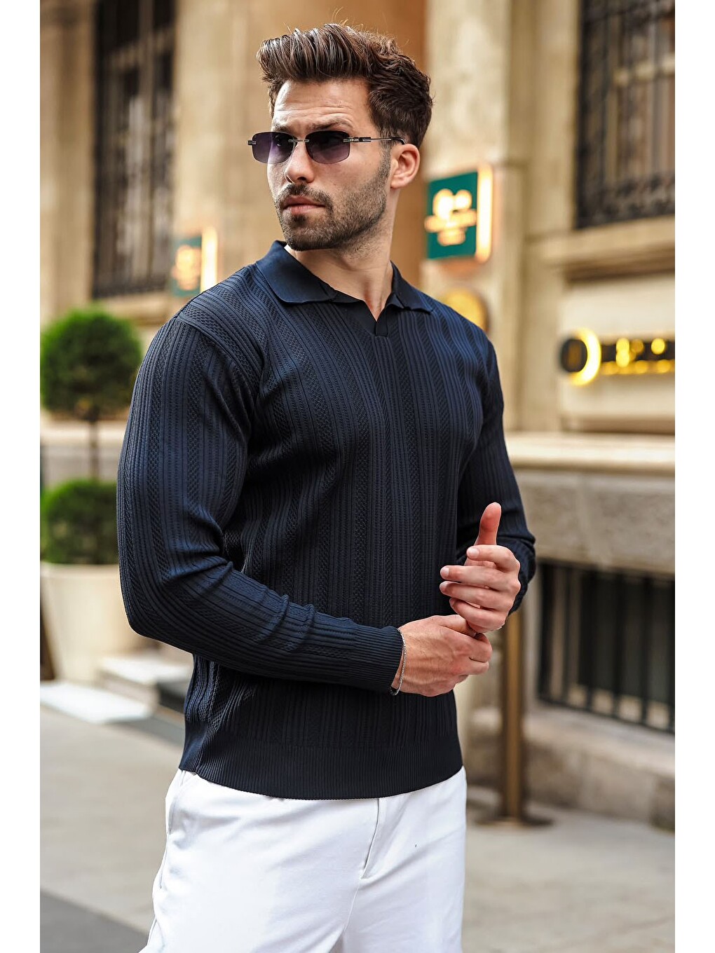 Koyu Lacivert Polo Yaka Desenli Over Fit Erkek Triko Kazak E7517-4