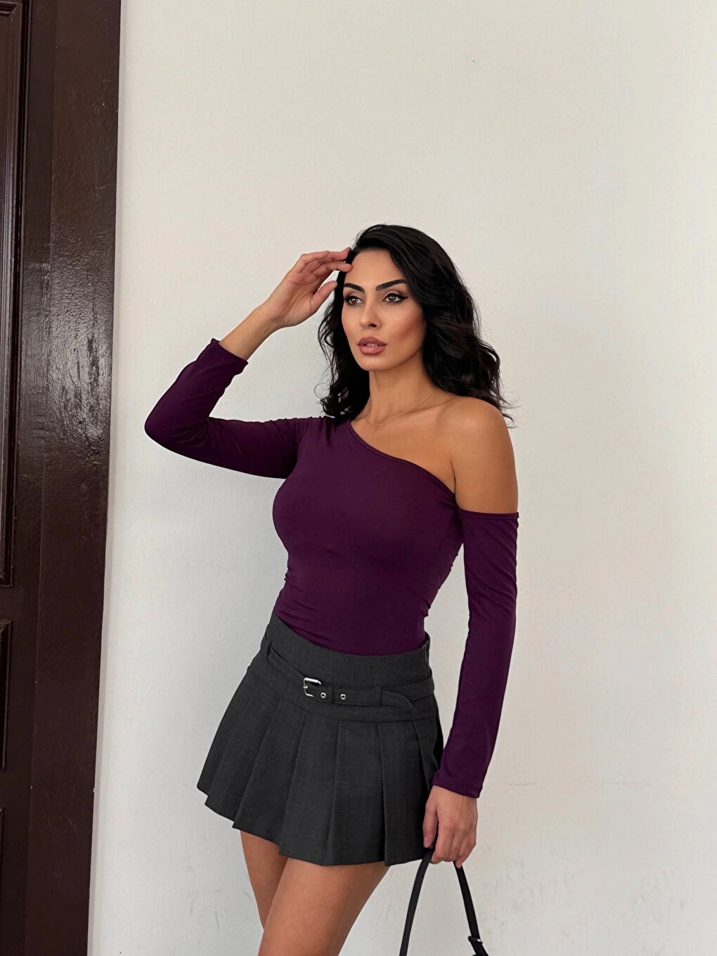 Kadın Mor Asimetrik Yaka Drapeli Sandy Bluz HZL25S-FRY123361-3