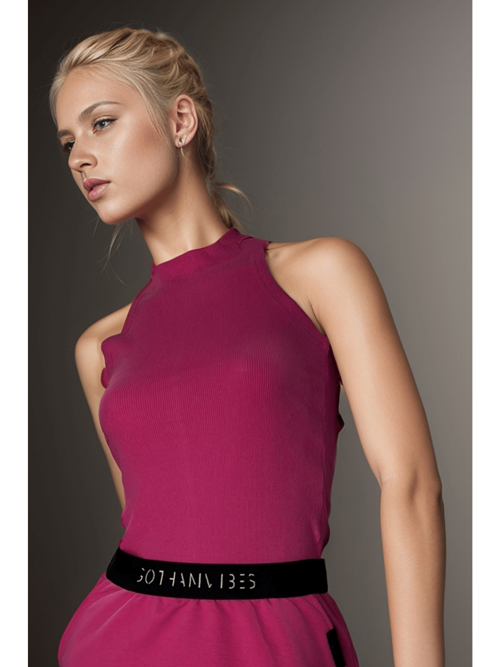 Kadın  Halter Yaka Fuşya Fitilli T-Shirt-1