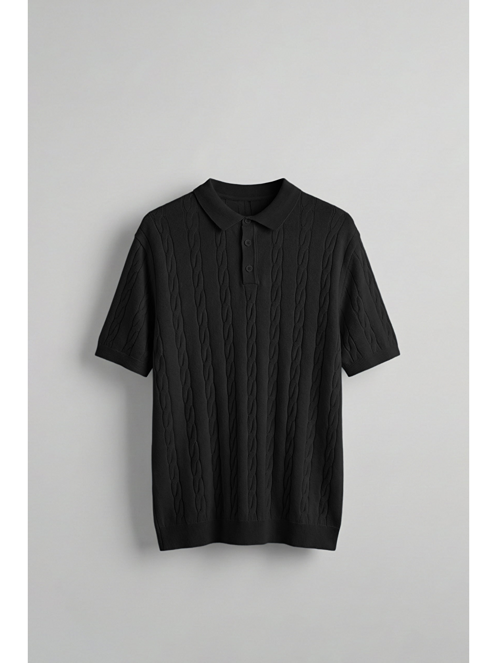 Erkek Regular Fit Saç Örgü Pamuklu Triko Polo Yaka T-Shirt Siyah