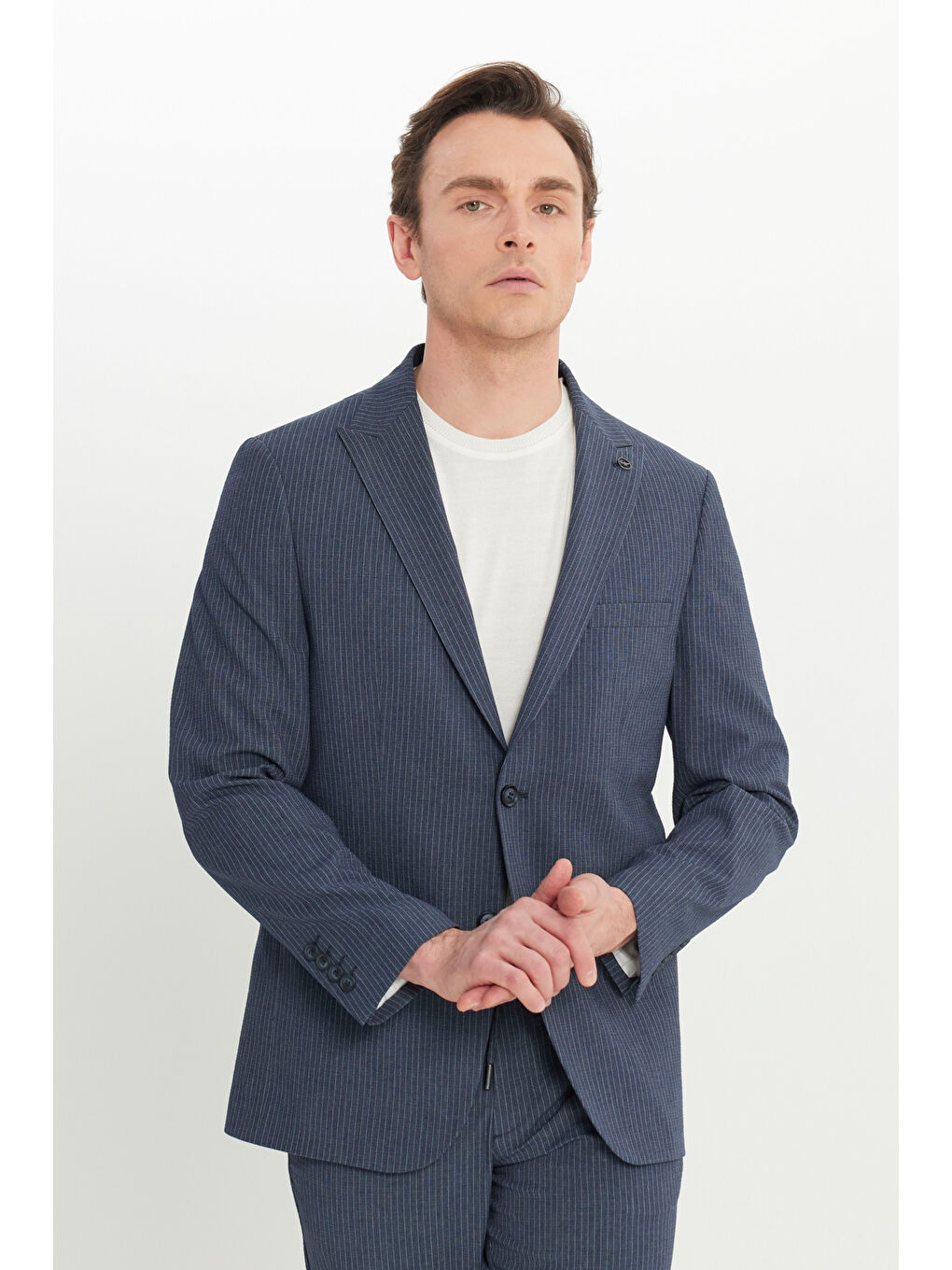 Erkek Lacivert Ekstra Slim Fit Dar Kesim Çizgili Gofre Desenli Kırlangıç Yaka Takım Elbise