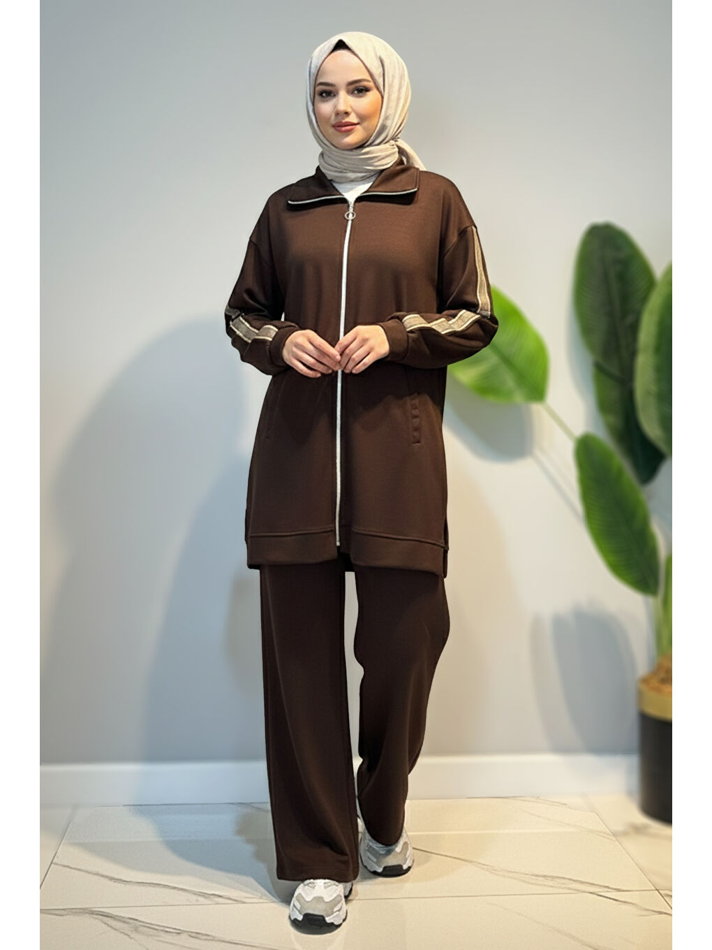 Kolları Şerit Kemer Detay Tunikli Pantolon Takım 2119 Kahverengi-4