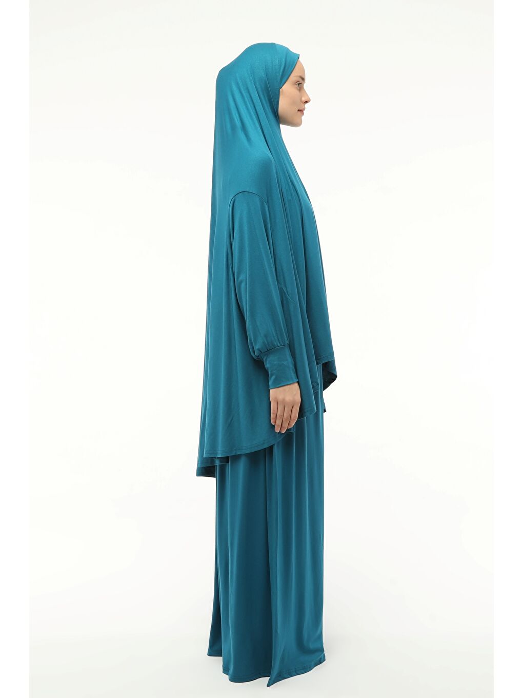 Petrol İki Parça Pamuklu Yarasa Kollu Başörtülü Organik Terletmez  Elbise-1