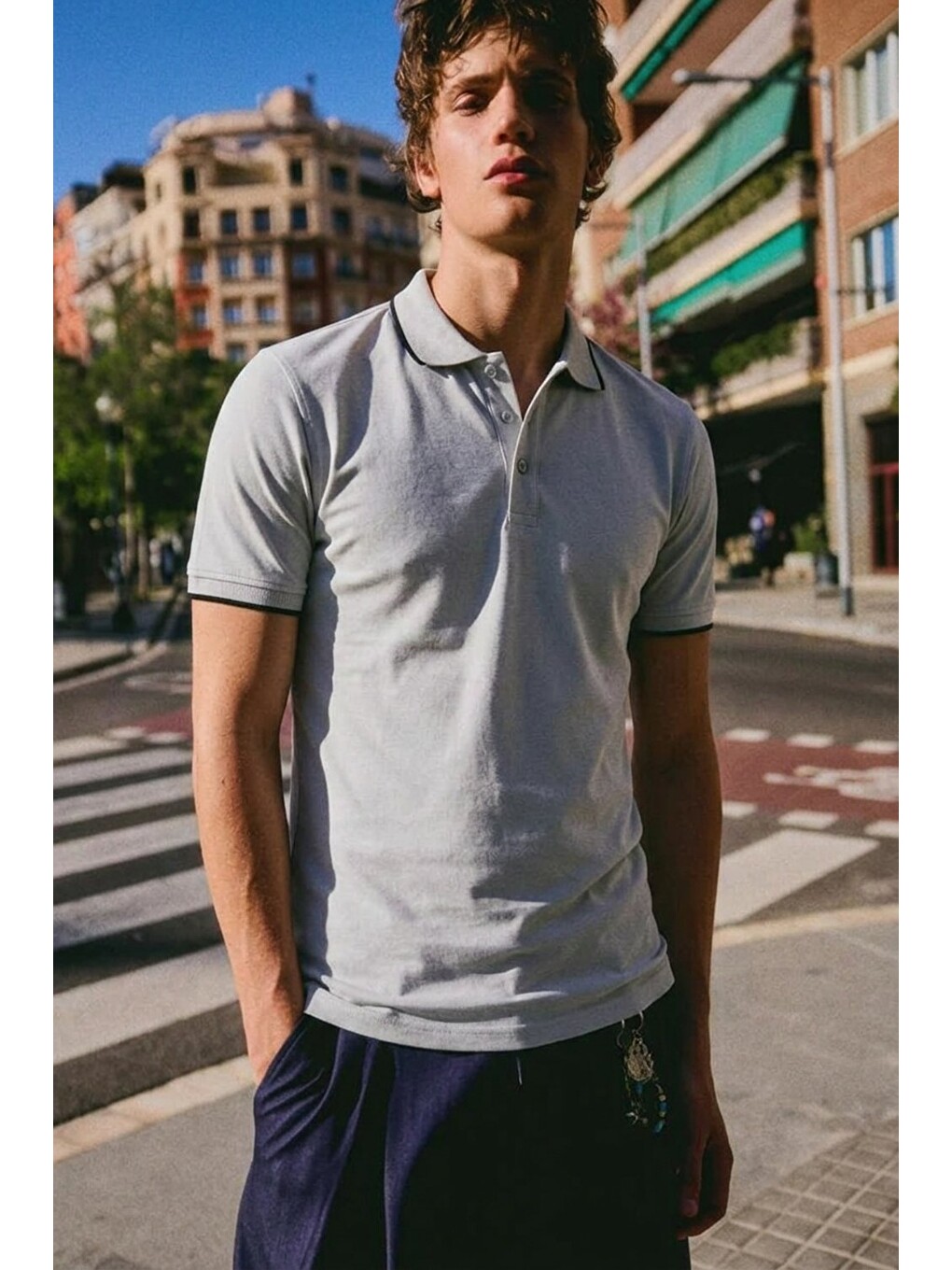 Erkek Düğmeli Fashion Gri Polo Yaka Tişört