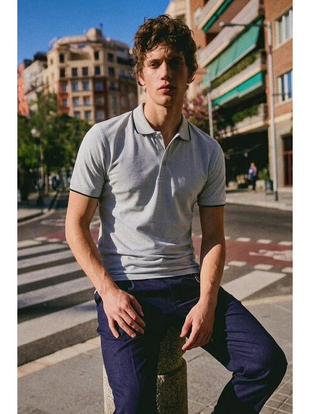 Erkek Düğmeli Fashion Gri Polo Yaka Tişört-1