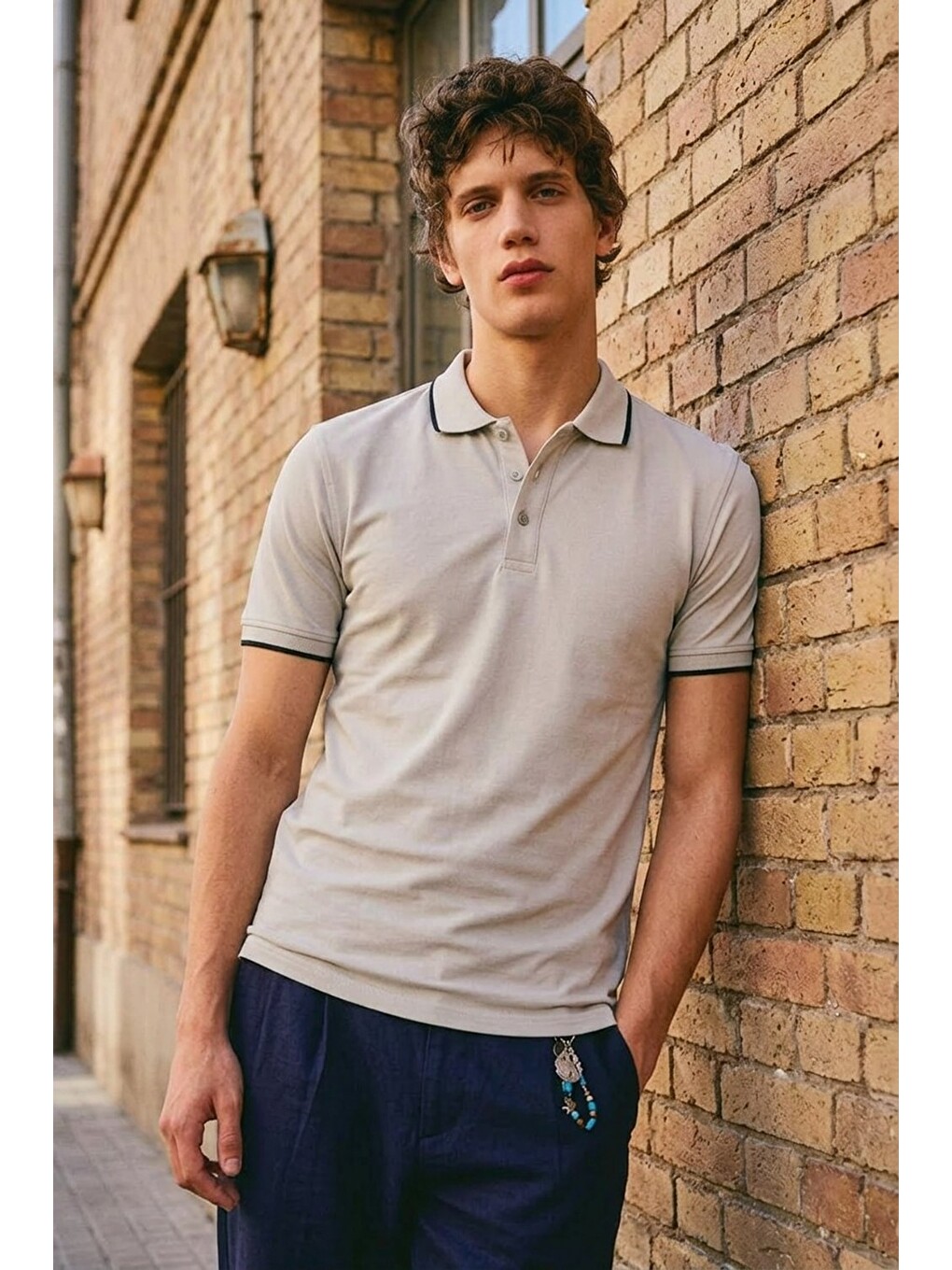 Erkek Düğmeli Fashion Gri Polo Yaka Tişört-2