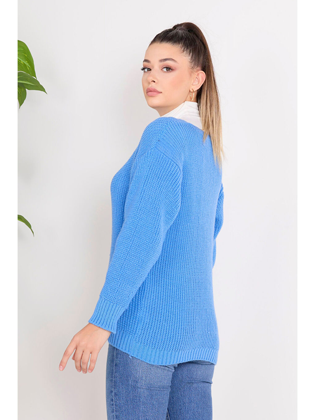 Düğmeli Triko Hırka Mavi - 27651-4