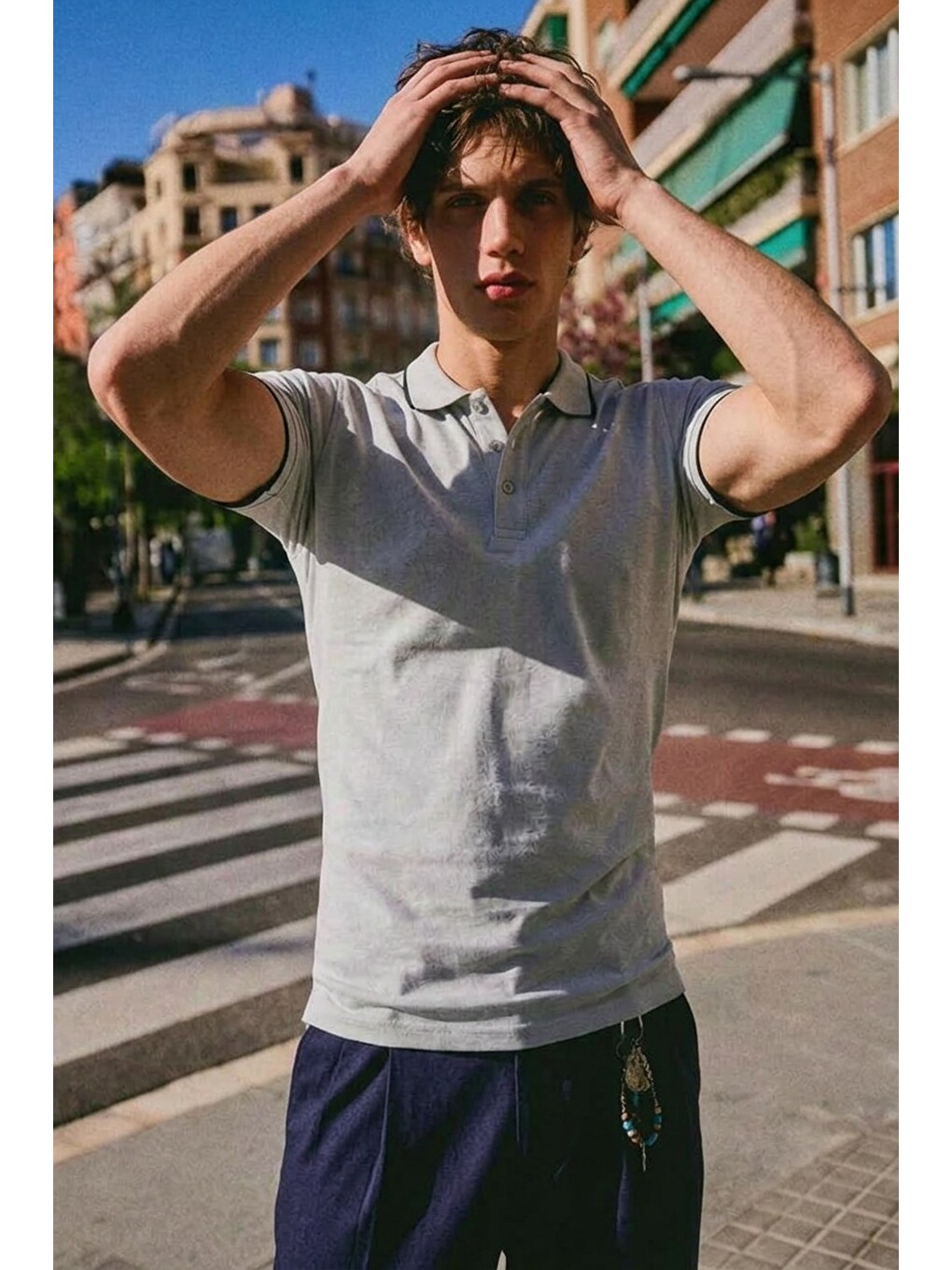 Erkek Düğmeli Fashion Gri Polo Yaka Tişört-3