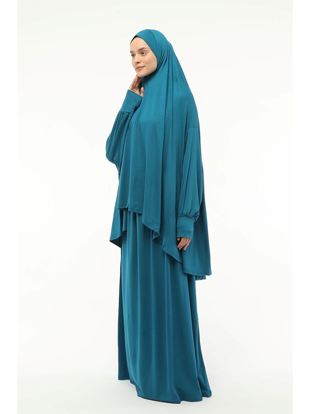 Petrol İki Parça Pamuklu Yarasa Kollu Başörtülü Organik Terletmez  Elbise-2