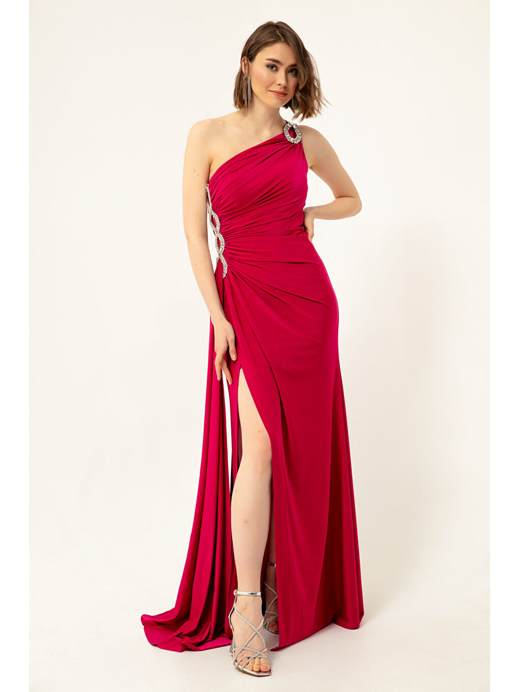 Kadın Fuşya Tek Omuzlu Taşlı Uzun Abiye Elbise-2