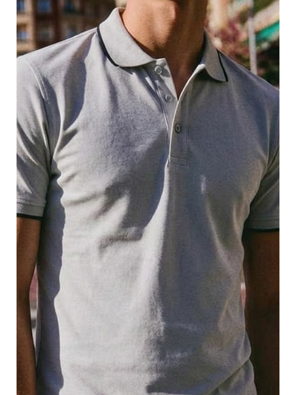 Erkek Düğmeli Fashion Gri Polo Yaka Tişört-4