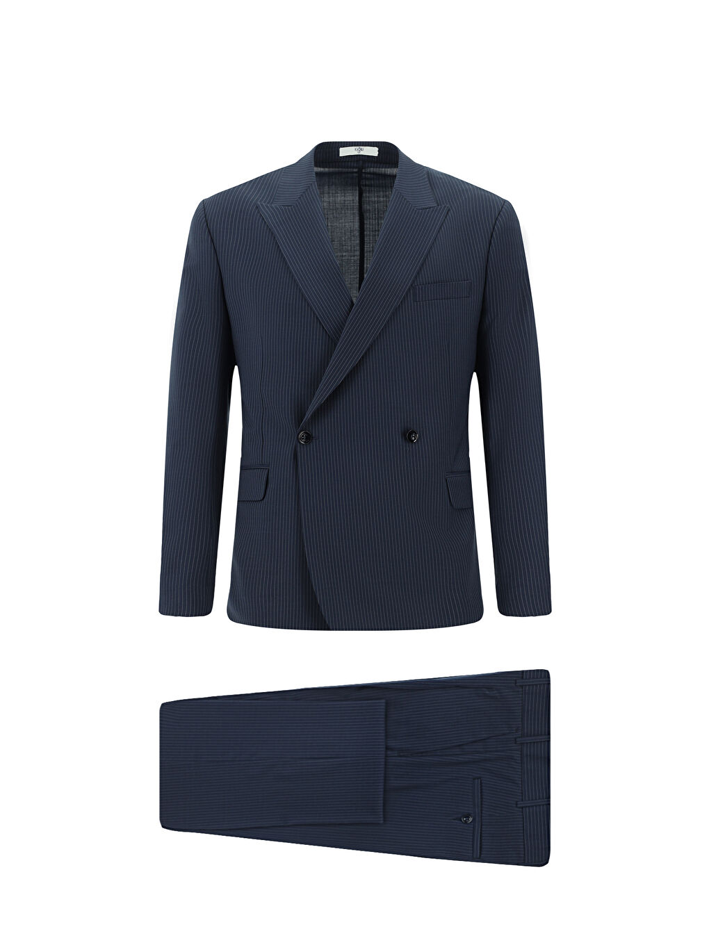 Lacivert Slim Fit Dar Kesim Yünlü Çizgili Beli Lastikli İpli Kruvaze Takım Elbise