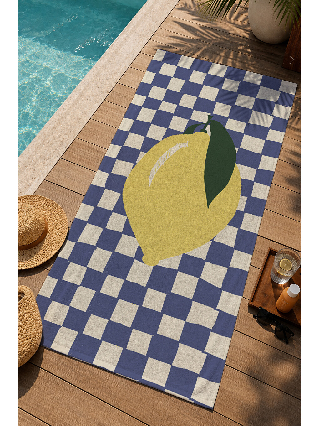 Lacivert Beyaz Dama Büyük Limon Desenli 70x150 Cm Dijital Baskılı Plaj Ve Banyo Havlusu-2