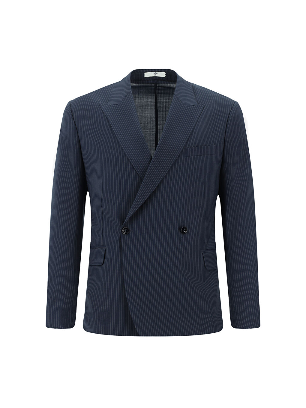 Lacivert Slim Fit Dar Kesim Yünlü Çizgili Beli Lastikli İpli Kruvaze Takım Elbise-1