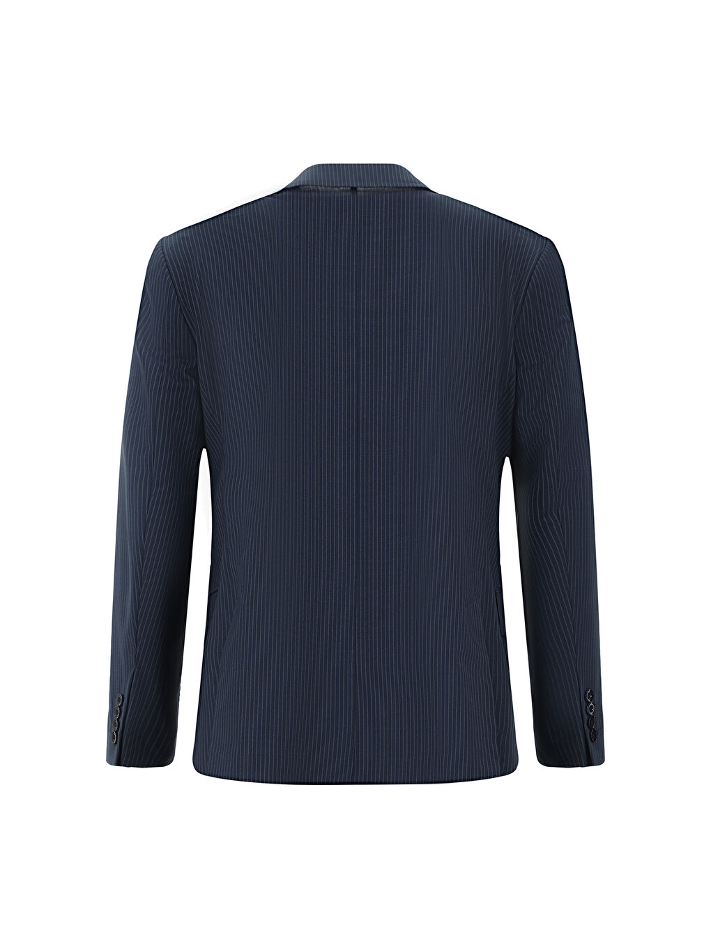 Lacivert Slim Fit Dar Kesim Yünlü Çizgili Beli Lastikli İpli Kruvaze Takım Elbise-2