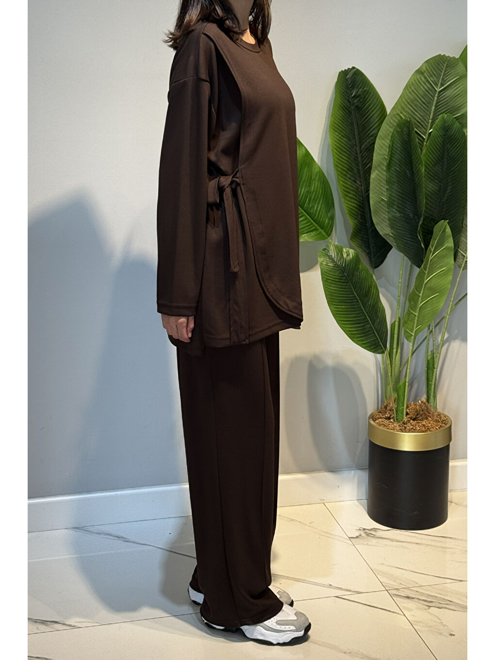 Bağcık Detay Tunik Pantolon Takım 2117 Kahverengi-1