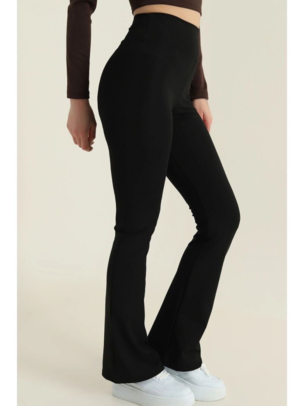 Siyah Kadın Ekstra Yüksek Bel Toparlayıcı İspanyol Paça Dalgıç Kumaş Esnek Spor Rahat Günlük Tayt-1