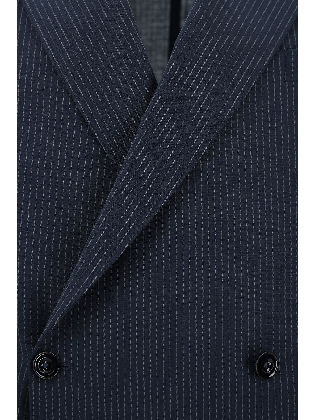 Lacivert Slim Fit Dar Kesim Yünlü Çizgili Beli Lastikli İpli Kruvaze Takım Elbise-3