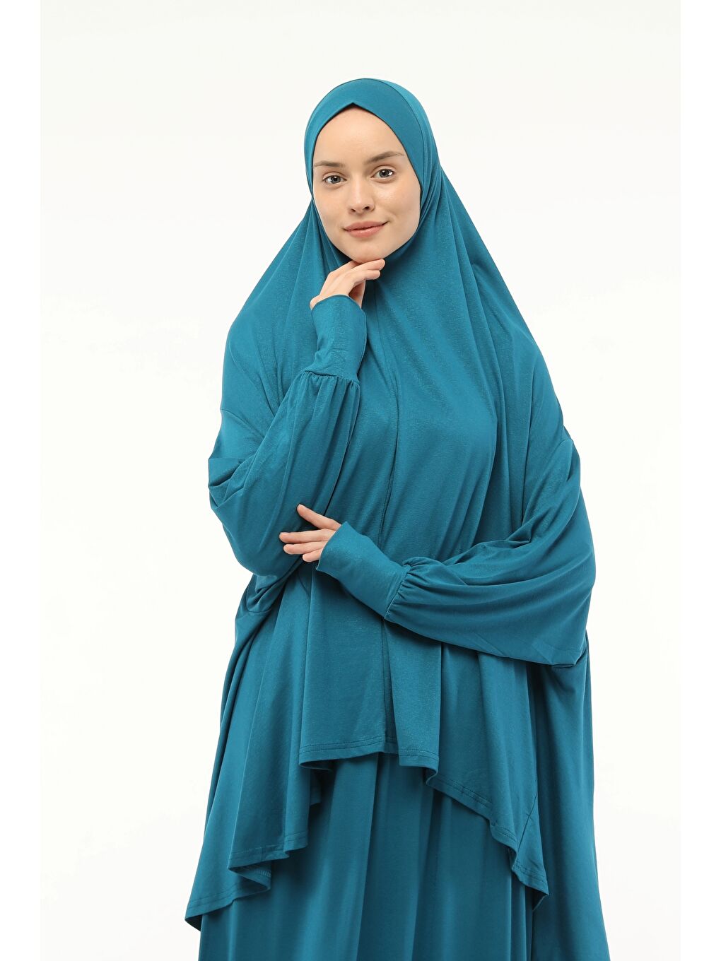 Petrol İki Parça Pamuklu Yarasa Kollu Başörtülü Organik Terletmez  Elbise