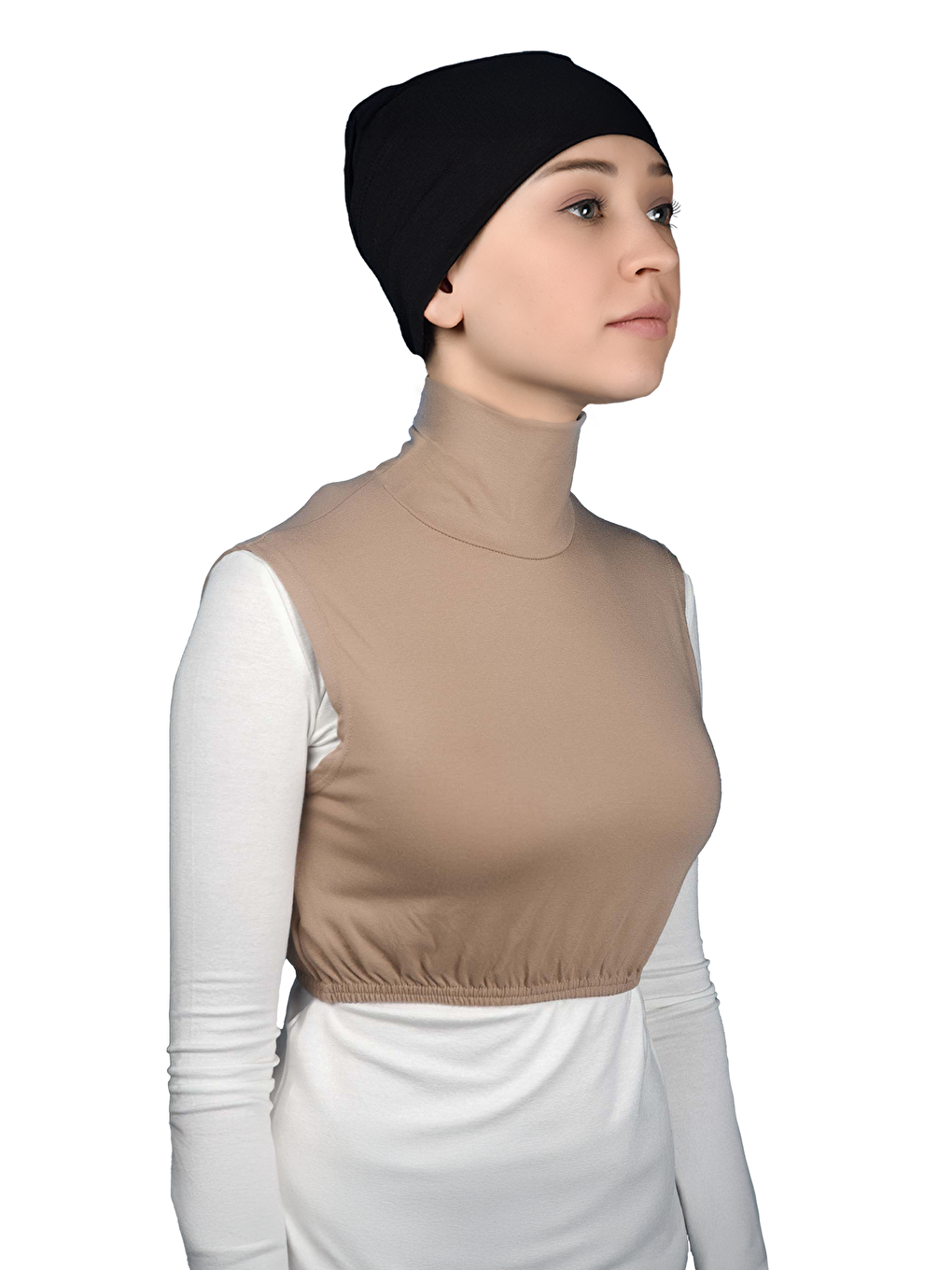 Bej Sıfır Kol Balıkçı Yaka Tam Boğazlı Elastanlı Penye Kadın Yarım Body