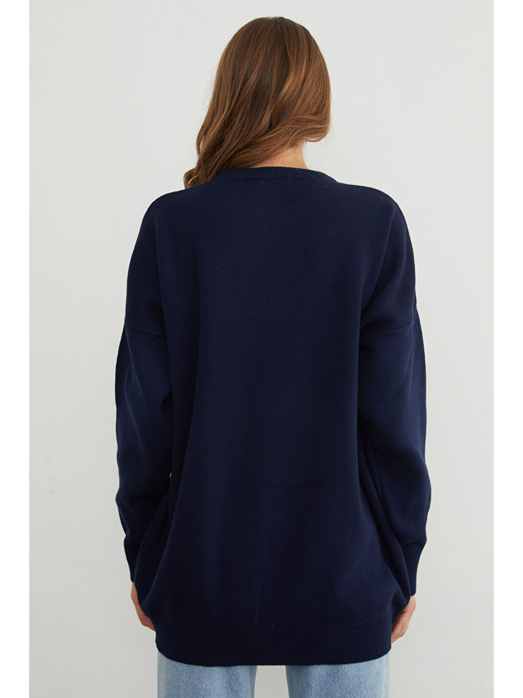 Lacivert Kurdele Nakışlı Bisiklet Yaka Oversize Triko Kazak-4