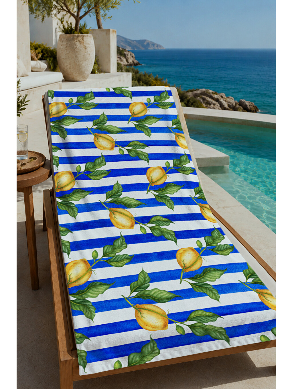 Lacivert Beyaz Çizgili Limon Dalı Desenli 70x150 Cm Dijital Baskılı Plaj Ve Banyo Havlusu