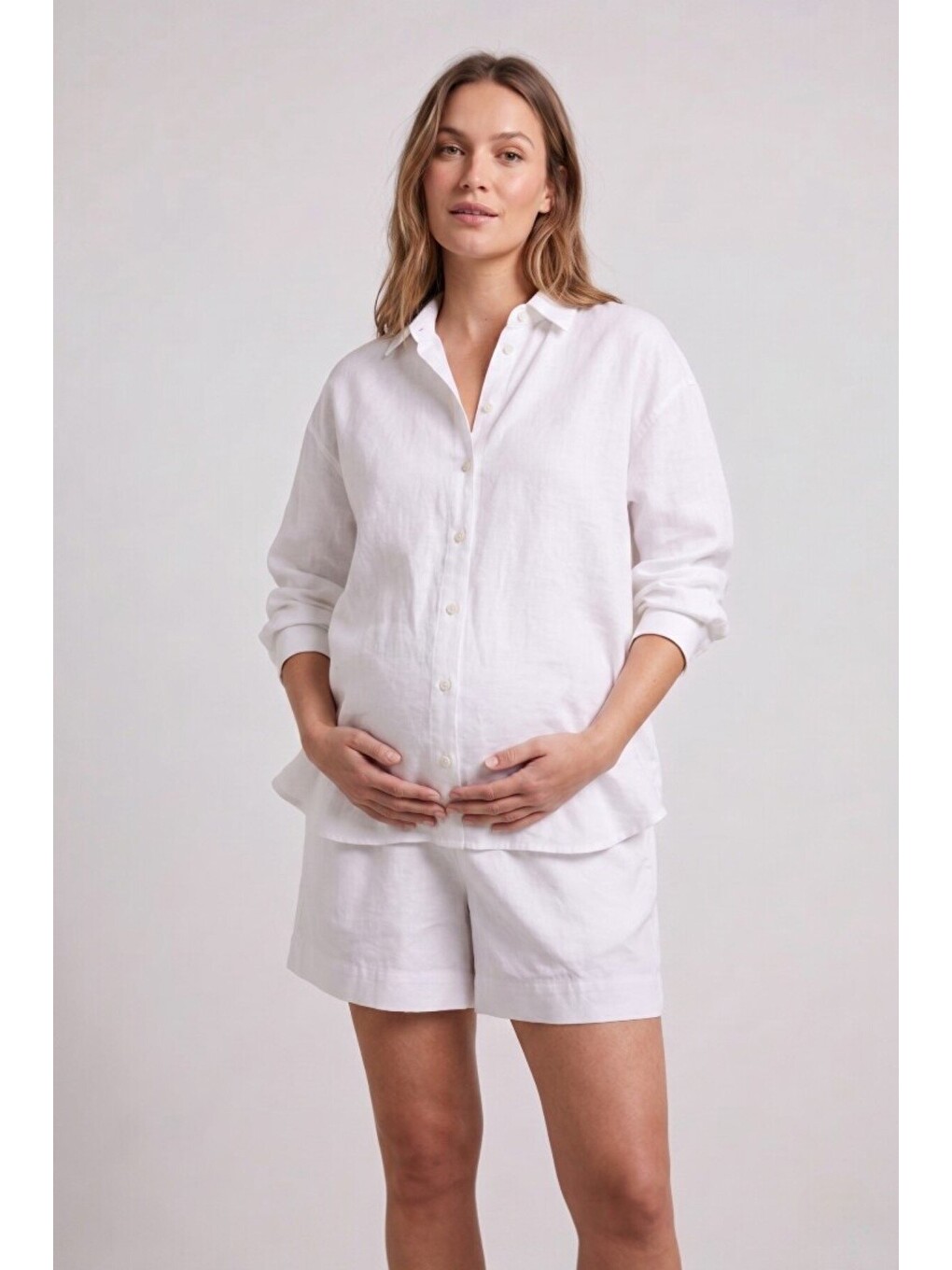 Beyaz Manhattan Premium %100 Pamuk Poplin Hamile ve Lohusa Yüksek Bel Bermuda Şort-3